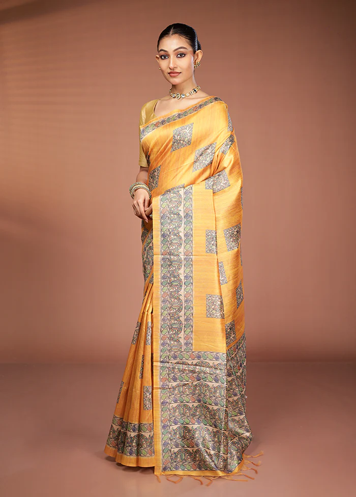 Yellow Tussar Silk Saree With Blouse Piece - Image 4