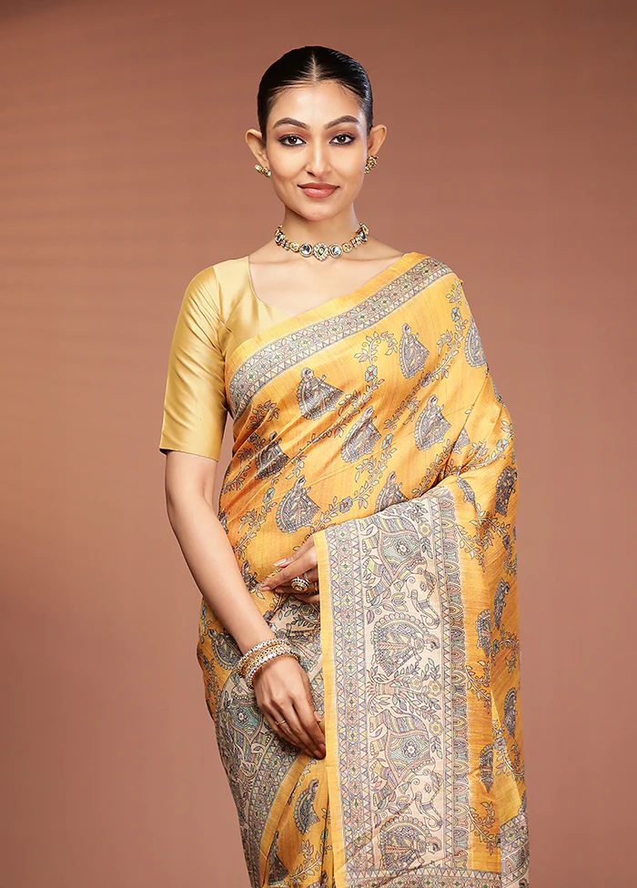 Yellow Tussar Silk Saree With Blouse Piece
