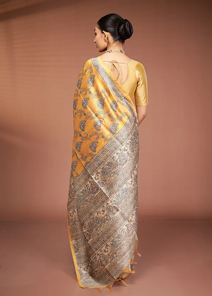 Yellow Tussar Silk Saree With Blouse Piece - Image 3