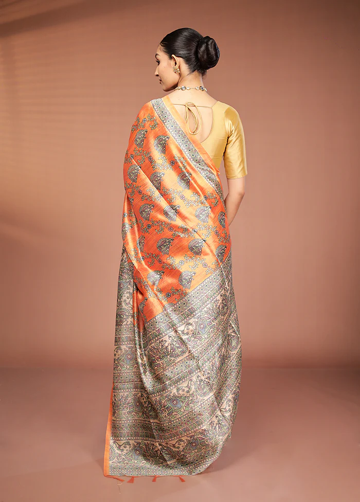 Yellow Tussar Silk Saree With Blouse Piece - Image 3