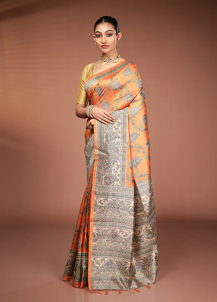 Yellow Tussar Silk Saree With Blouse Piece - Image 4