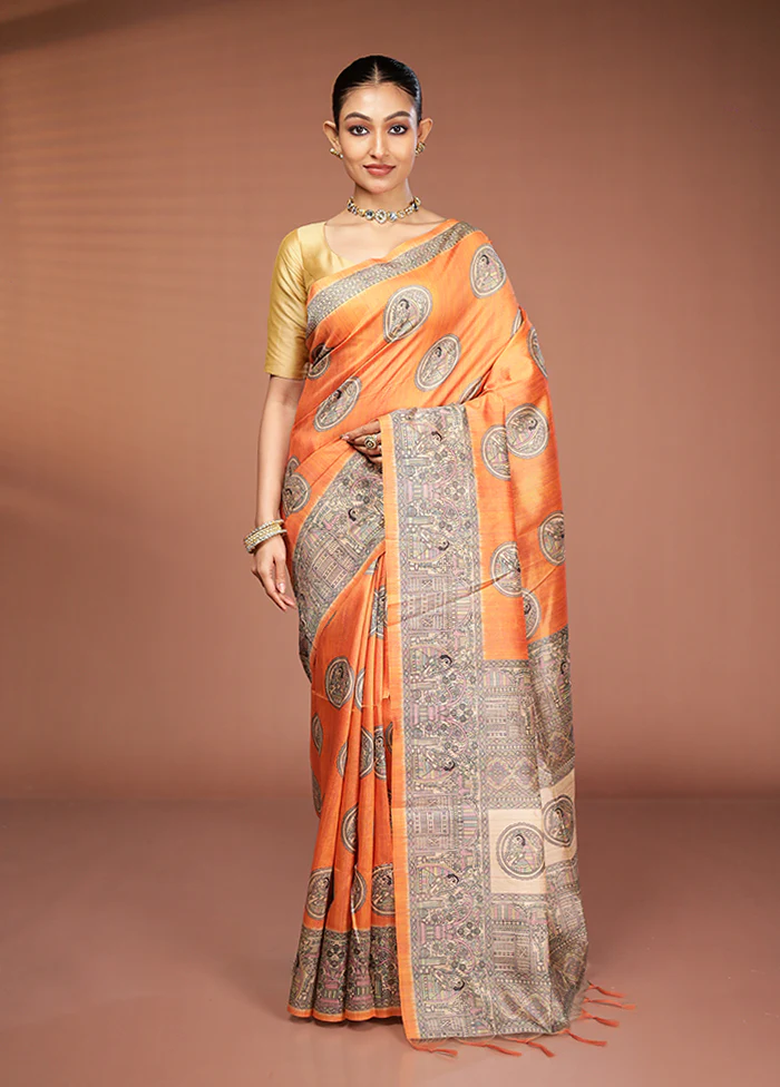Yellow Tussar Silk Saree With Blouse Piece - Image 2