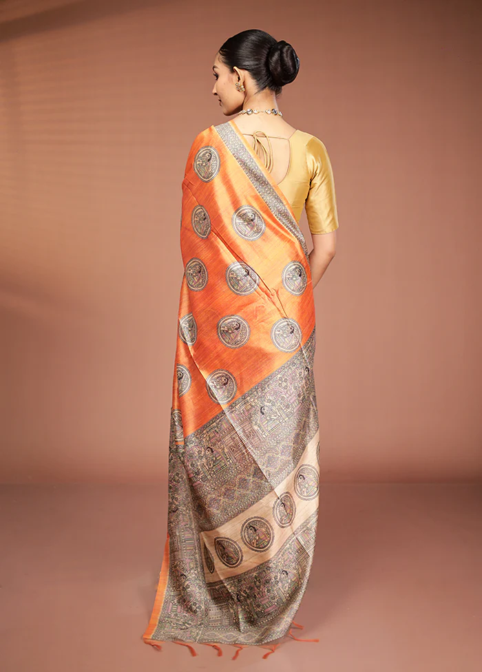 Yellow Tussar Silk Saree With Blouse Piece - Image 3