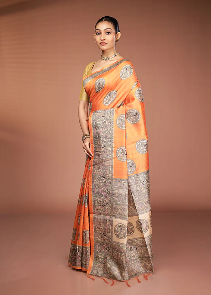 Yellow Tussar Silk Saree With Blouse Piece - Image 4