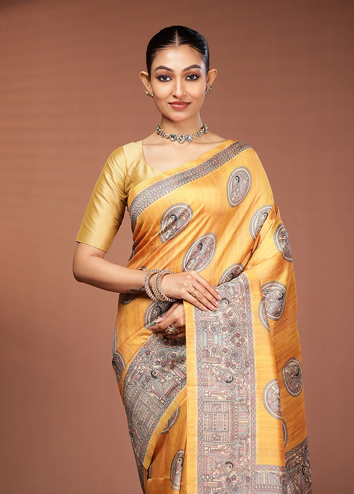 Yellow Tussar Silk Saree With Blouse Piece