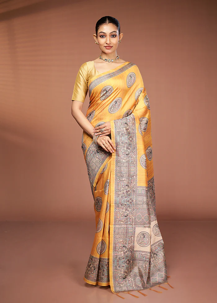 Yellow Tussar Silk Saree With Blouse Piece - Image 2
