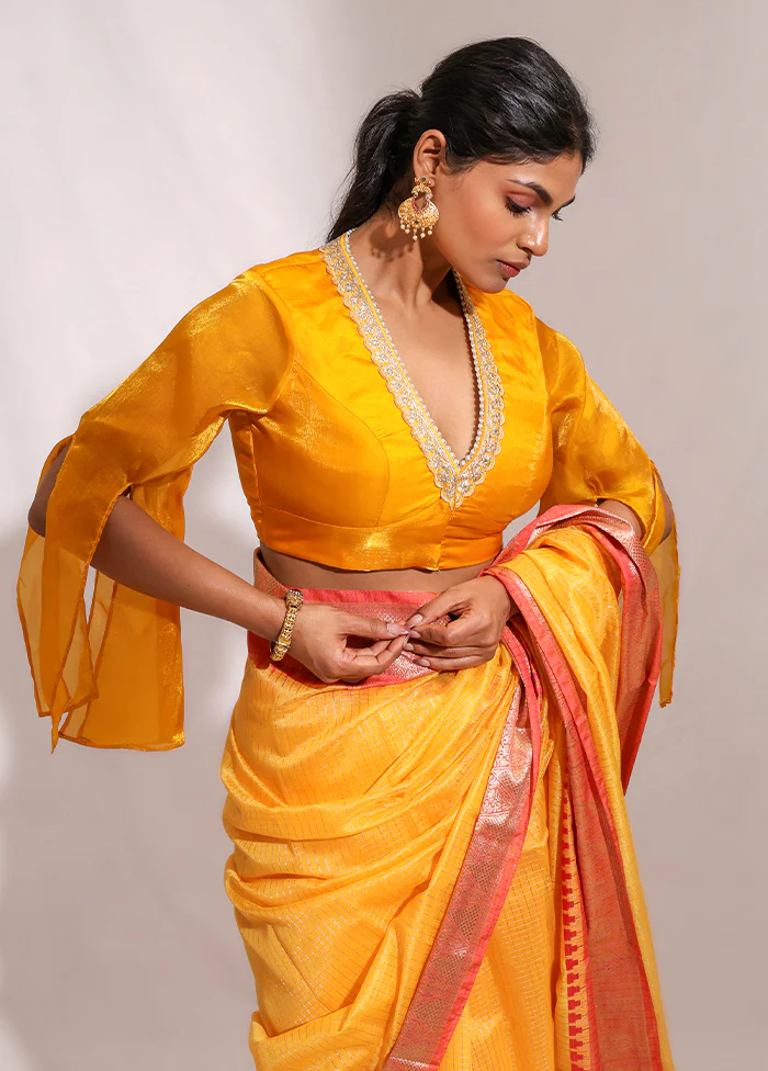 Yellow  V Neck Designer Blouse - Image 3
