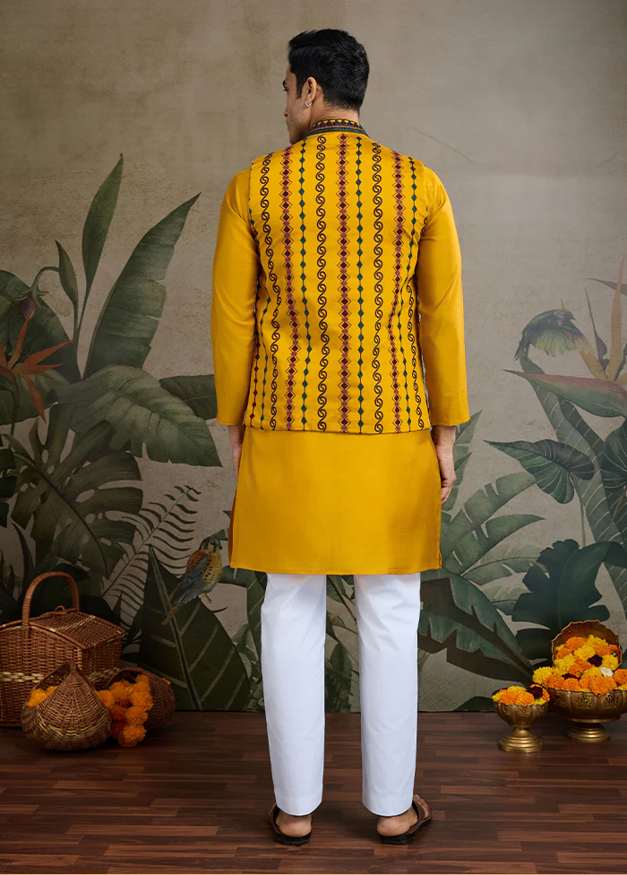 Yellow Viscose Kurta With Jacket - Image 3